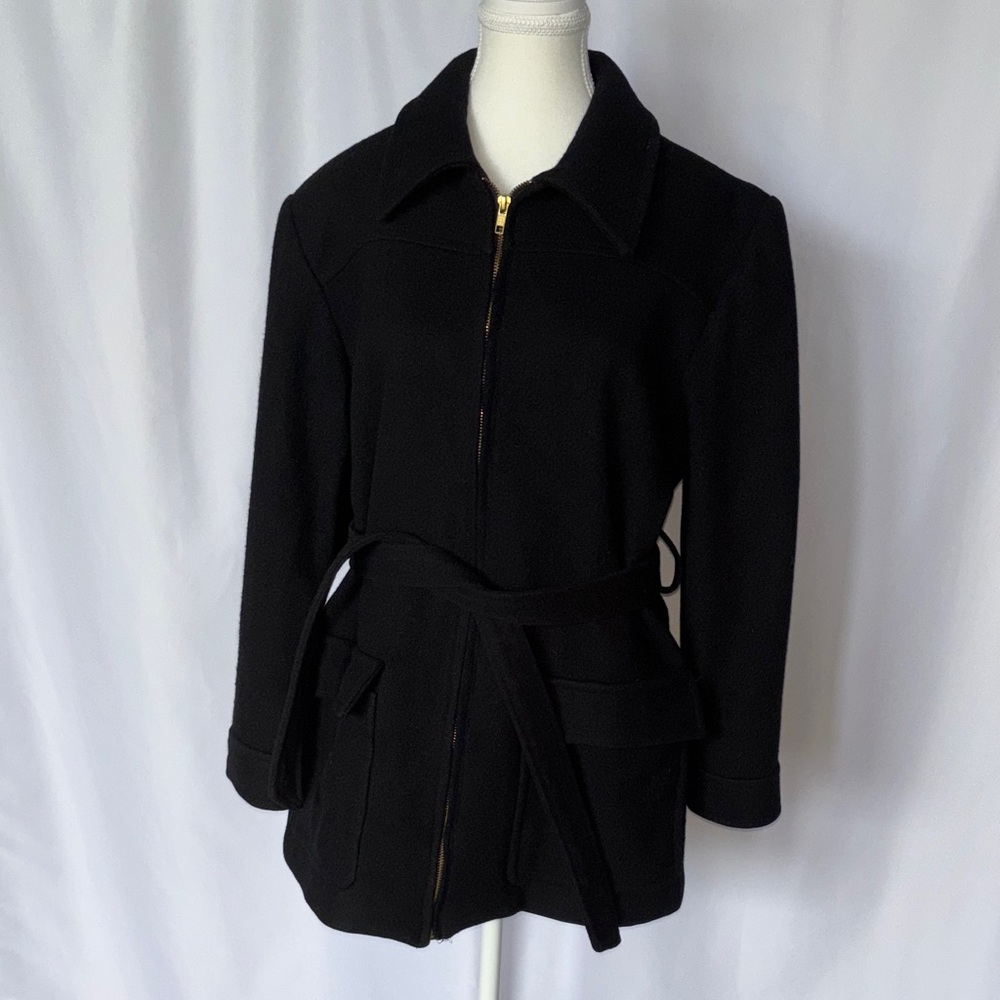 Stephanie Mathews Women's Chic Black 100% Wool Trench Coat with Belt Size 6 EUC